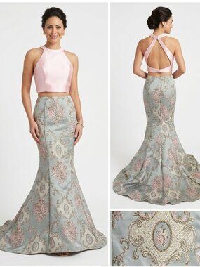 Alyce PARIS 2 PIECES FLORAL EMBROIDERED BROCADE HIGH RISE SKIRT HALTER TOP DRESS